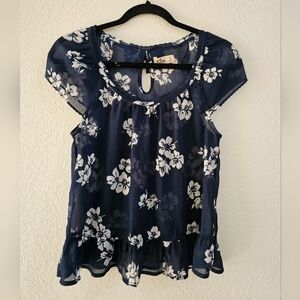 Hollister Dark Blue Sheer Floral Top